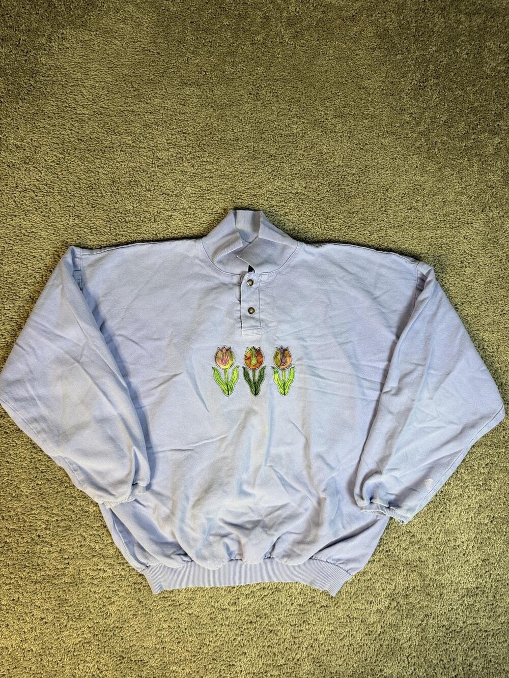 Vintage WEK Sweatshirt Womens S/M Purple Pullover Mock Neck Tulip Embroidered